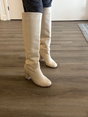 Knee-High Block Heel Boots - Cream